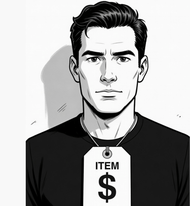 male cartoon with tag around his neck