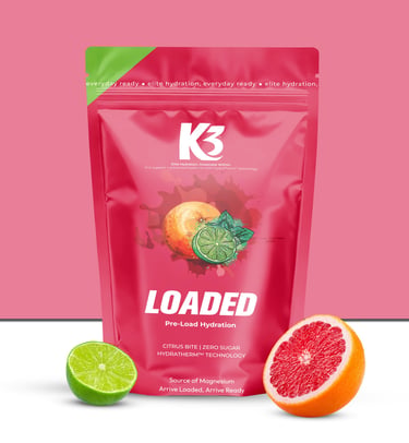 A K3 Loaded sachet — the HydraTherm system set to its highest pre-session loading profile.