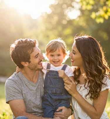 Happy family with a young child playing outdoors in a sunny park at sunset.