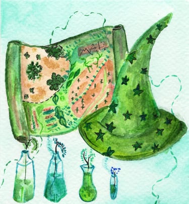 a painting of a witch's hat , green , trasure map , magic watercolour painting 