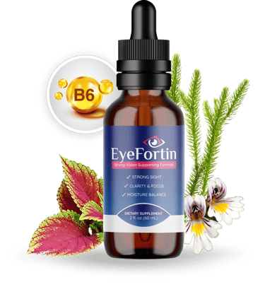 EyeFortin vision supplement dropper bottle with Vitamin B6 and herbal ingredients for eye health.