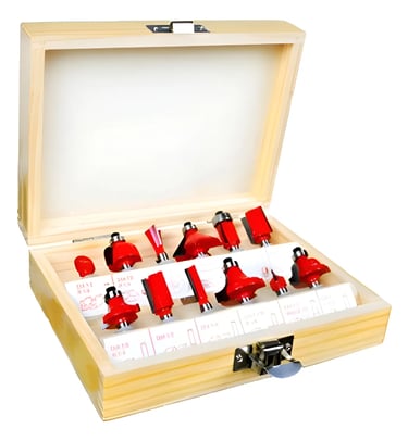 Professional 12-piece carbide tipped router bit set in a protective wooden storage case.