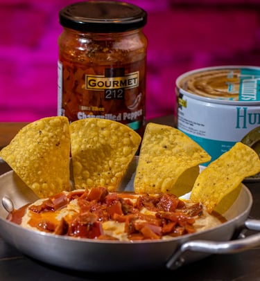 a pan of food with chips and chips