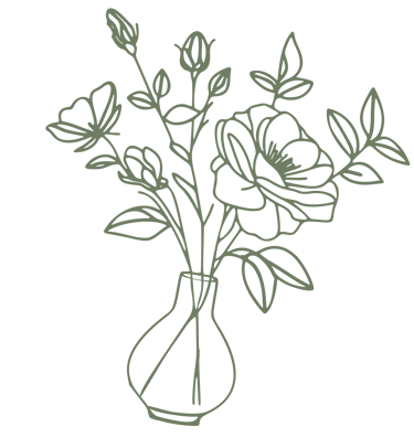 Minimalist sage green line art illustration of a floral bouquet in a glass vase on a black background.