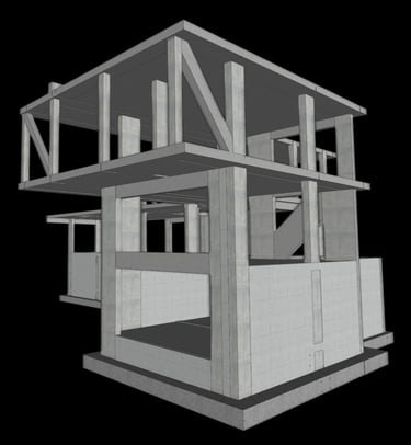 Moradia em Vila Alegre, concelho do Seixal. Projeto de Estruturas e Fundações. Vista tridimensional do modelo estrutural.