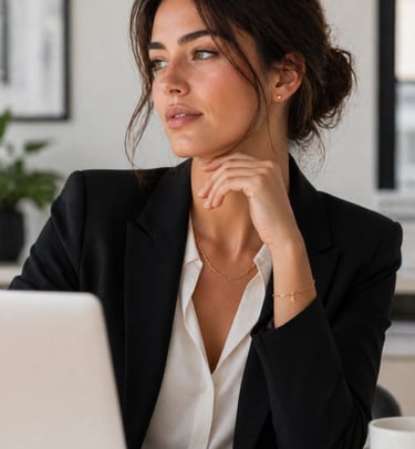 Professional woman in a black blazer and gold jewelry working on a laptop at a desk.