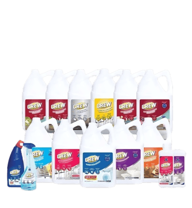 a variety of housekeeping products including a bottle of cleaner
