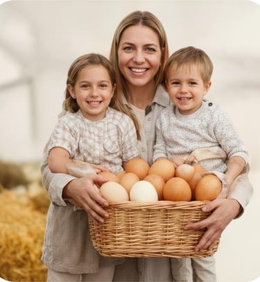 A portrait of a family holding a basket full of fresh brown eggs.