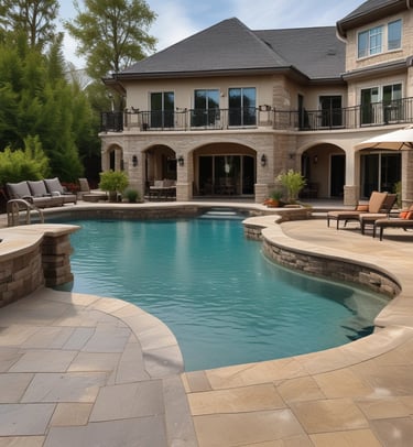 a large pool with a patio and lounge chairs