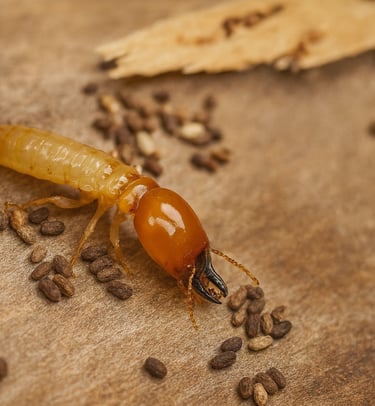 Close-up of a termite with reddish-brown head and pale body on damaged wood, surrounded by droppings