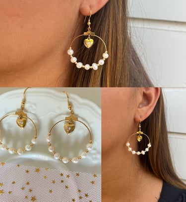 créoles en perles d'eau douce avec un petit coeur