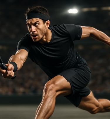 man in black sports clothes playing padel, action shot. Black padel racket and ball.