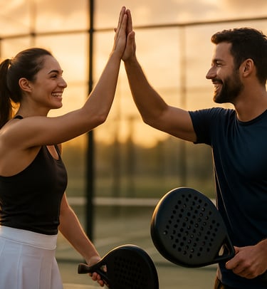 a man and woman high fiving on a padel court
