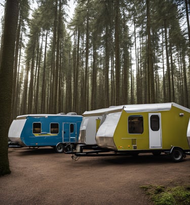 a couple of trailers parked in a forest