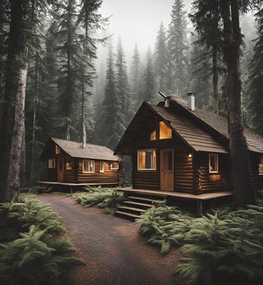 a cabin in the woods with a path leading to the cabin