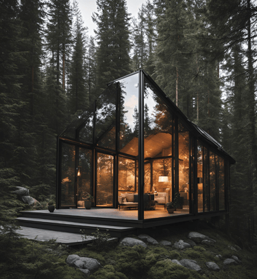 a cabin with a glass cabin on a hill