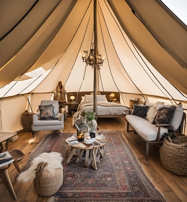 a tented tent with a couch and chairs