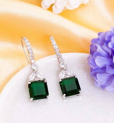 City Girl AD Rhodium-Plated CZ Stone Green Stone Earrings for Women and Girls