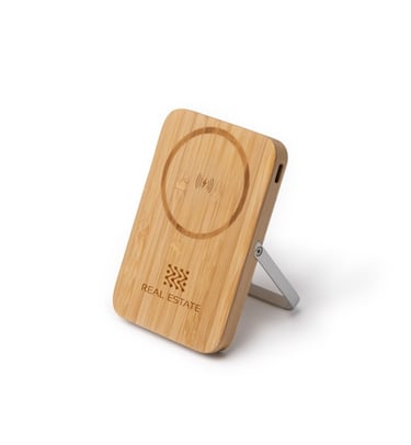 bateria externa en bambú con utilidad de soporte vertical