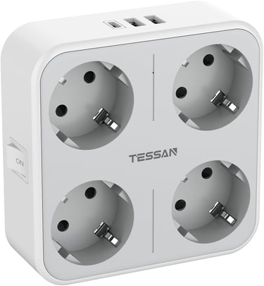 a white and gray power outlet with three plugged outlets