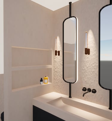 Rénovation d'une salle de bain avec un évier encastré et des miroirs surmontés de luminaires muraux