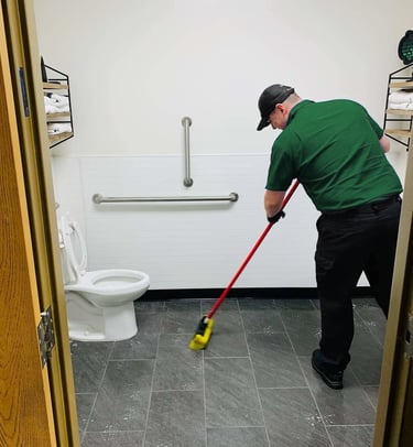 deep cleaning a restroom, toilets, sinks, floors, sanitize, disinfect. grout