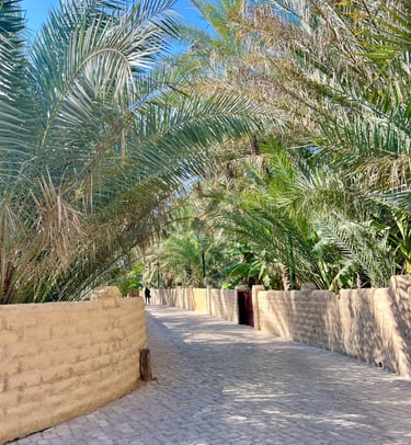 a brick wall with palm trees and a brick wall Al Ain Oasis