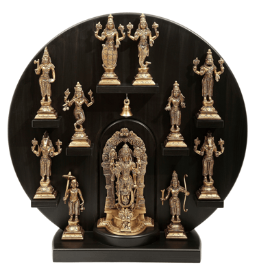 brass god with wooden frame display of various statues