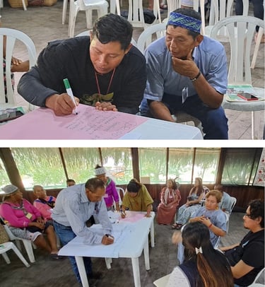 Indigenous community members participating in a collaborative workshop about health and Ayahuasca.