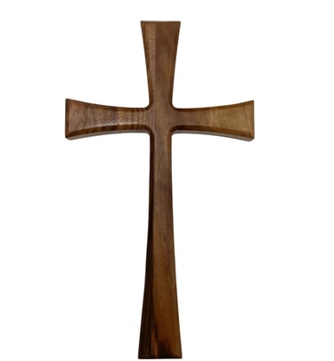 Classic black walnut wooden wall cross designed for Christian gift shops and religious home decor co