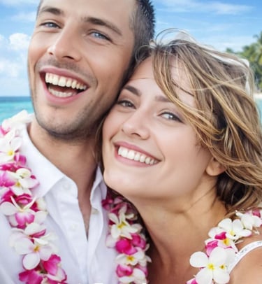 a man and woman standing in front of a beach