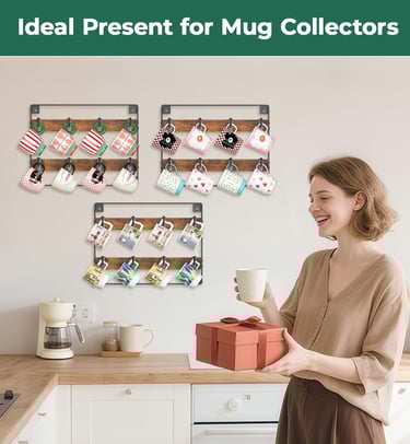 Mug Holder Hanger Rack Wall Mounted Wooden 3 Pack Coffee Cup Storage