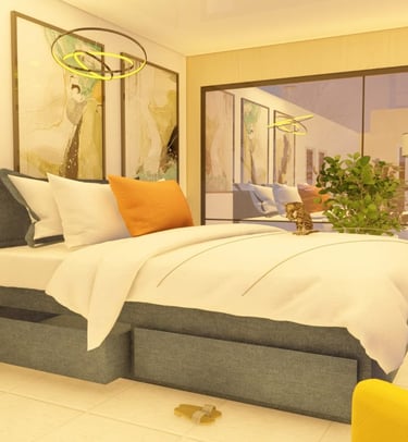 Modern bedroom featuring a blue storage bed, acoustic guitar, and contemporary wall art in a bright interior.