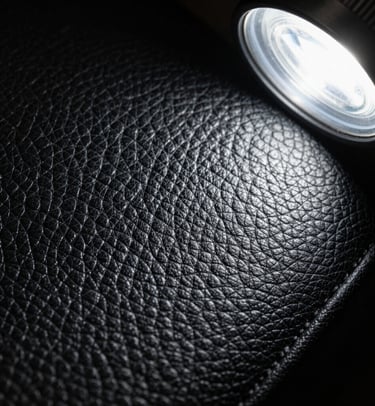 Extreme macro close-up of textured black leather pores under a sharp white LED detailing lamp, showing absolute dust absence and clean matte finish