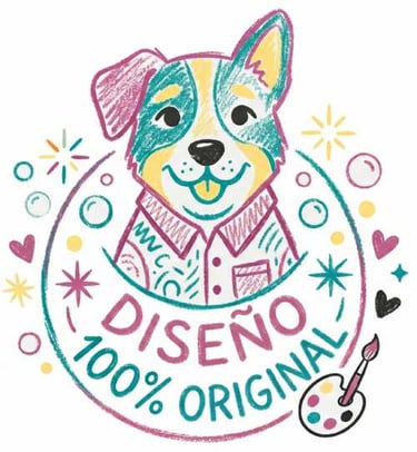 Ilustración de perro con camisa y el texto Diseño 100% Original