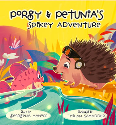 Book cover for Porgy and Petunia's Spikey Adventure featuring a hedgehog and pufferfish.