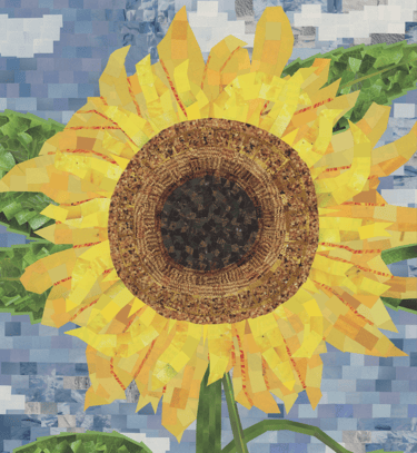 Textured paper collage of a vibrant yellow sunflower against a blue mosaic sky background.