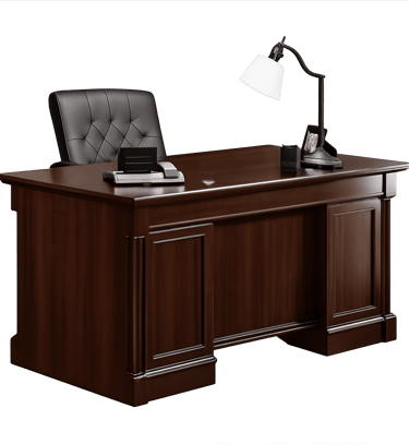 Classic dark wood executive desk with leather chair and modern desk lamp for office workspace.