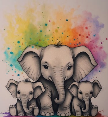 Un elefante grande e due piccoli ai lati, copra e sotto un'esplosione di colori