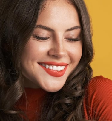 woman wearing red teeth whitening