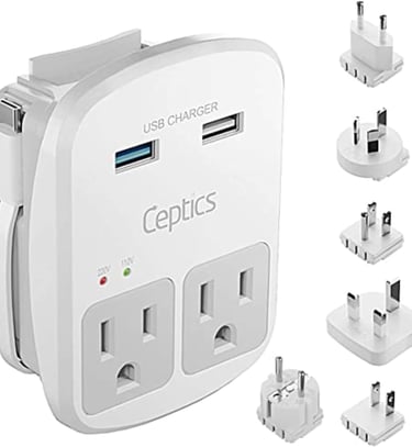 Ceptics Universal Travel Adapter Kit - 2 USB, USB-C Cord+2 US Outlets QC 3.0, Surge Protection