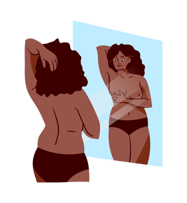 a woman in a bikinisuit looking at herself in the mirror