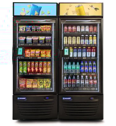 a smart vending machine cooler with a variety of drinks and snacks