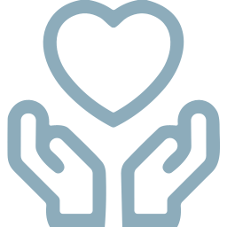 Icon in customized pale blue colour, in the shape two hands and a heart for compassion and empathy