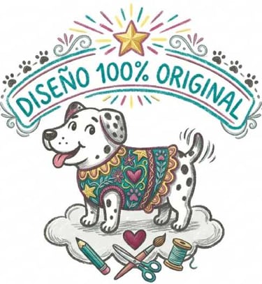 Cachorro dálmata dibujado a mano con un suéter colorido, con texto y diseño 100% original.i