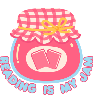 Pink strawberry jam jar illustration with book icons and Reading Is My Jam text.