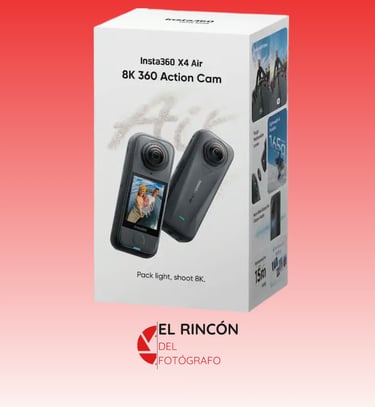 Insta360 X4 Air 8K 360 Action Cam retail box featuring dual lenses and waterproof design.