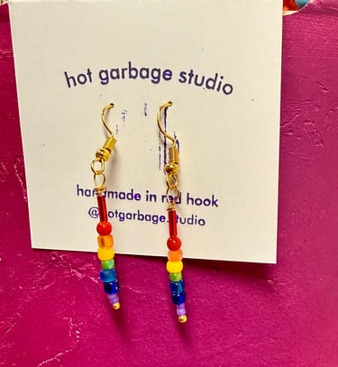 Good huggie-hoops with dangle rainbow seed beads