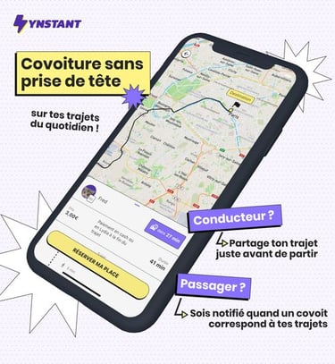 Personne utilisant l’application Ynstant pour organiser un covoiturage avec un code parrainage ynsta