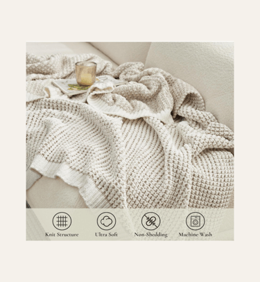 picture of beige Oversized Chenille Waffle Knit Throw Blanket spread on a couch